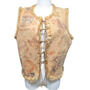 Nancy Bolen City Girl Faux Suede Fur‎ Trimmed Vest Native Print Lace Up Size M